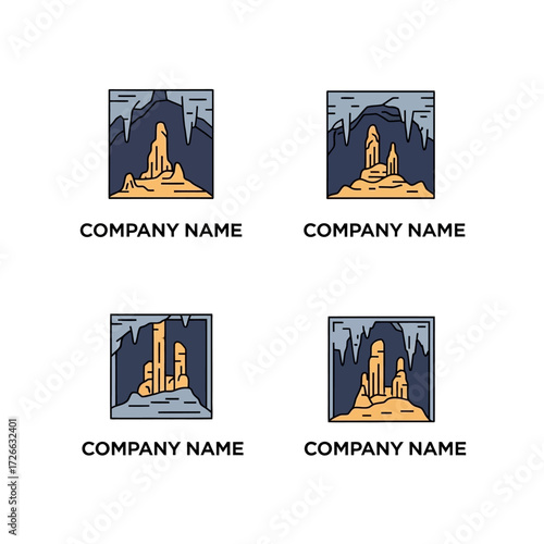 Set of four stylized cave and rock formation logo templates.