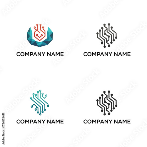 Set of four technology circuit board logo design templates.