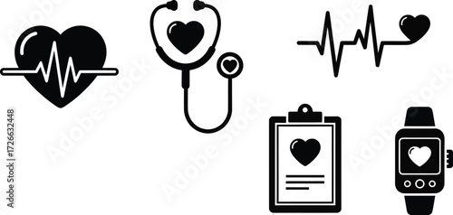 Healthcare icons collection cardiology medical symbols heartbeat  stethoscope smartwatch clipboard