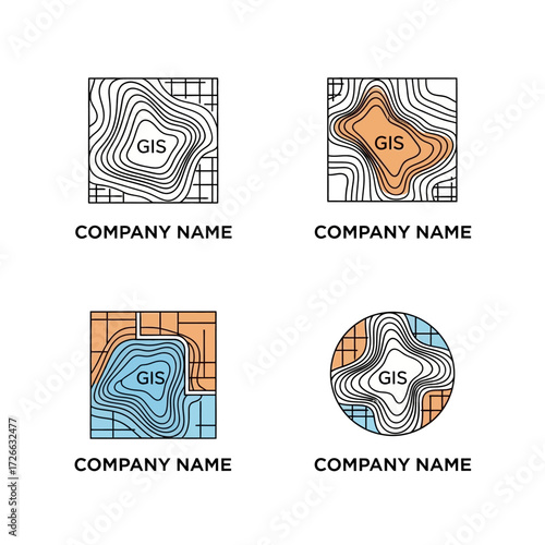Set of GIS Themed Topographic Map Logo Concepts for Company Branding.