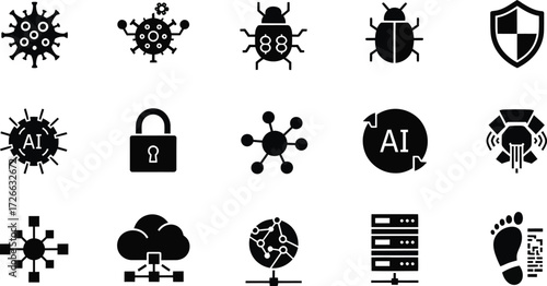 Cybersecurity icons set representing threats viruses ai and data protection concepts