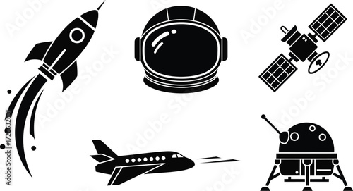 Cosmic exploration icons rocket spaceship helmet satellite lunar lander space travel