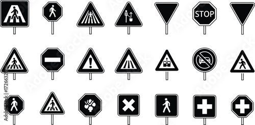 Collection of road safety signs including pedestrian crossing stop yield and warning symbols