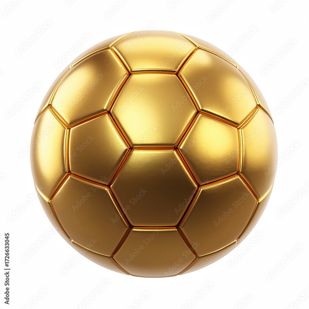 Fototapeta premium 3D golden soccer ball with shiny metallic texture and hexagon pattern isolated on white background