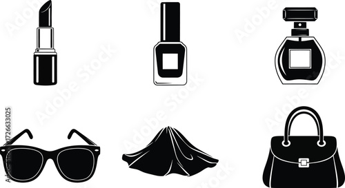 Set of six fashion icon accessories including lipstick nail polish perfume sunglasses scarf and handbag