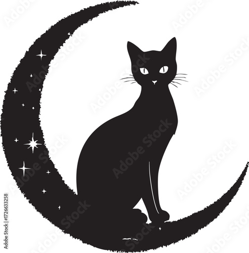 Black cat on crescent moon silhouette illustration with stars, mystical vector design for Halloween, magic, and night themes
