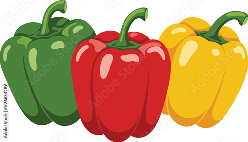 Vibrant trio of fresh bell peppers in green red and yellow showcasing healthy natural produce for culinary inspiration isolated on transparent background