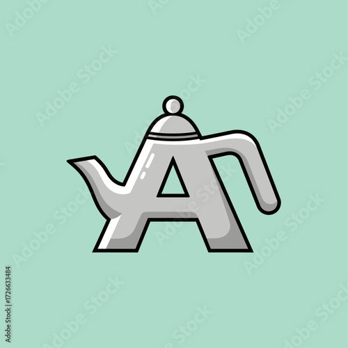 A stylized illustration of a teapot shaped like the letter A, set against a light green background.