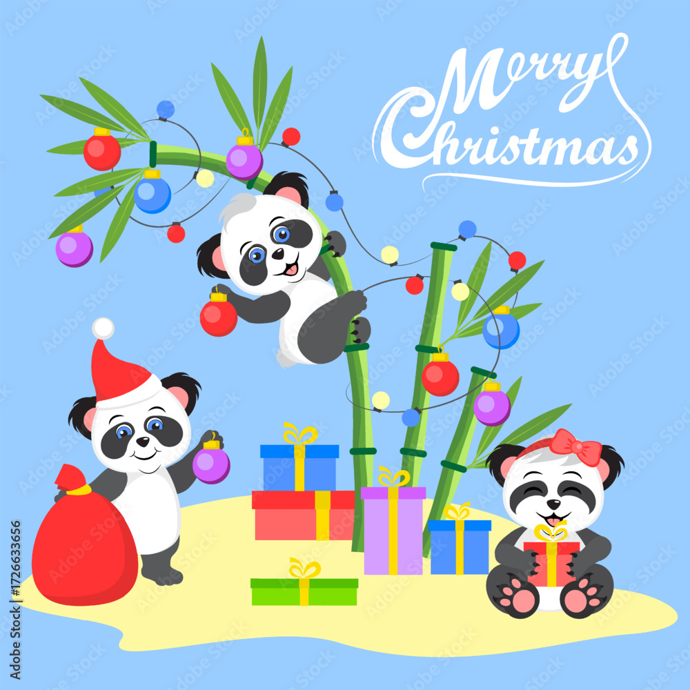 Naklejka premium Funny cartoon pandas decorate a Christmas tree-bamboo. Merry Christmas and Happy New Year greeting cards, posters, holiday covers.