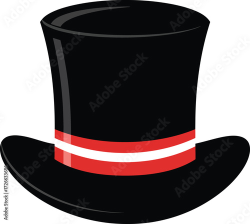 Classic black top hat with red band iconic symbol of formal wear and magic performance accessory for celebrations isolated on transparent background