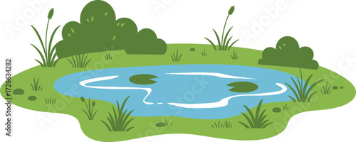 Vibrant pond landscape with lush greenery lily pads and reeds capturing nature's serene beauty and ecosystem isolated on transparent background