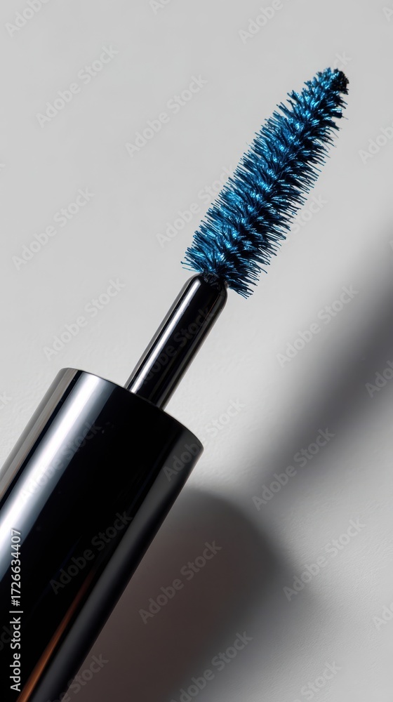 Naklejka premium Macro shot of a blue mascara brush with bristles coated in vibrant pigment, isolated on a clean white surface.