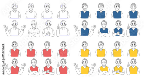 おじいさんの表情とジェスチャーアイコンセット パズルや教育に使えるイラスト