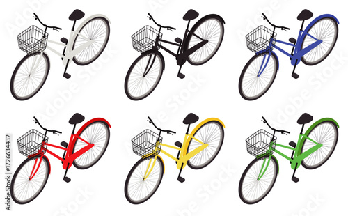 自転車 アイソメトリック イラスト 6色セット 交通とライフスタイル素材