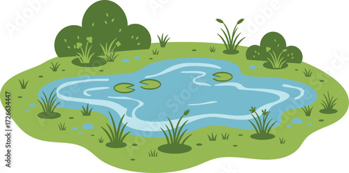 Idyllic pond scene with lush greenery and water lilies nature landscape perfect for educational and decorative use isolated on transparent background