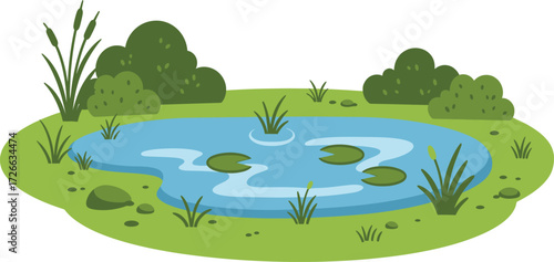 Serene pond landscape with lush greenery aquatic plants and calm water reflections nature scene isolated on transparent background