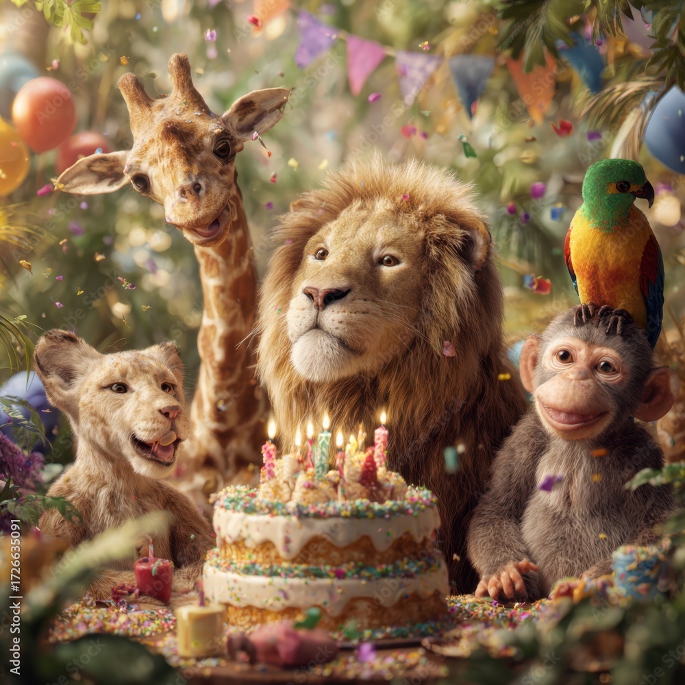 Naklejka premium Funny animals celebrate birthday with cake, balloons and confetti in jungle party scene full of joy and color