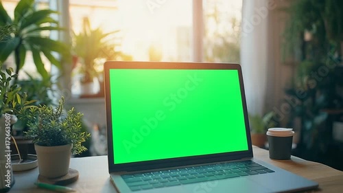Wallpaper Mural Laptop Computer with Green Screen on a Desk in a Cozy Home Office. Torontodigital.ca