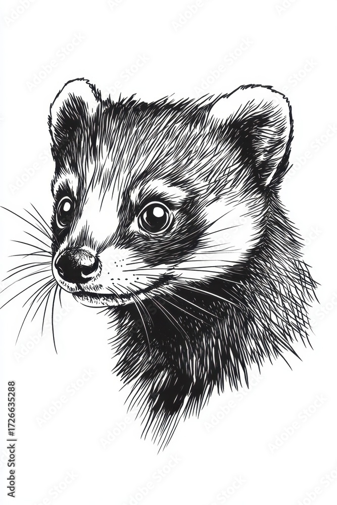 Obraz premium Retro sketch style drawing of ferret head with detailed fur and eyes on white background illustration
