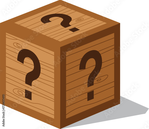 Mystery box surprise gift cube with question marks symbolizing unknown contents and exciting possibilities isolated on transparent background