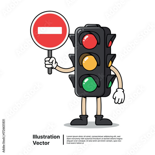 Traffic light character holding a stop sign, cartoon vector illustration with friendly face