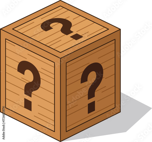 Mysterious wooden crate with question marks symbolizing surprise unknown contents and secret unboxing opportunities isolated on transparent background