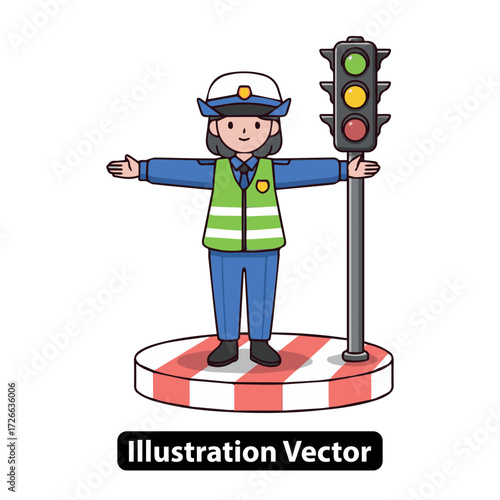 Traffic Control Officer Directing Traffic with Signal Lights A Vector Illustration