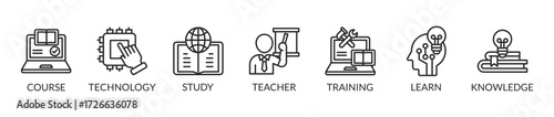 Online education vector illustration concept banner with icons and keywords