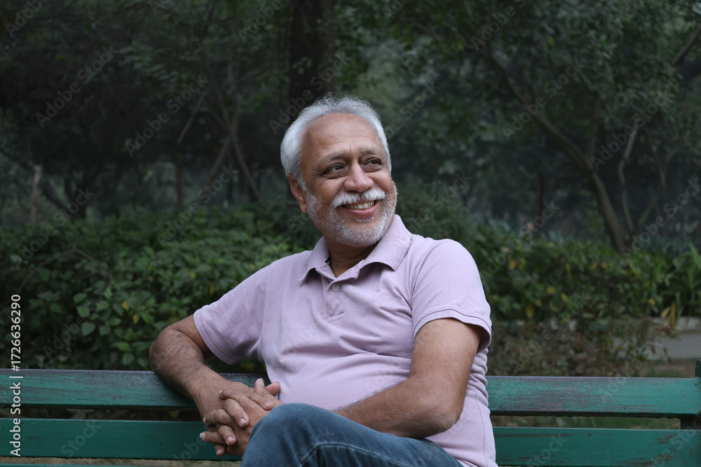 Fototapeta premium Indian happy senior man feels freedom, fun and spending leisure time while looking at the camera at the park after retirement