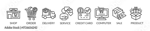 Banner online shopping vector illustration concept. Shop, order, delivery, service, credit card, computer, sale and product