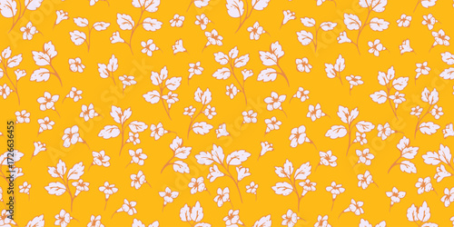 Seamless floral vector pattern with delicate white flowers and leaves on a vibrant orange background. Elegant botanical design for textiles, wallpaper, and packaging