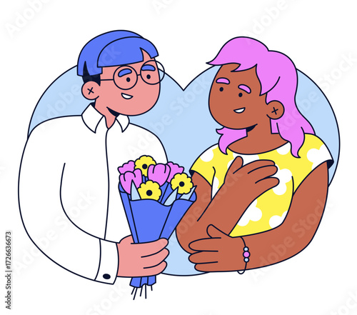 Young man giving woman flowers on Valentine's Day
