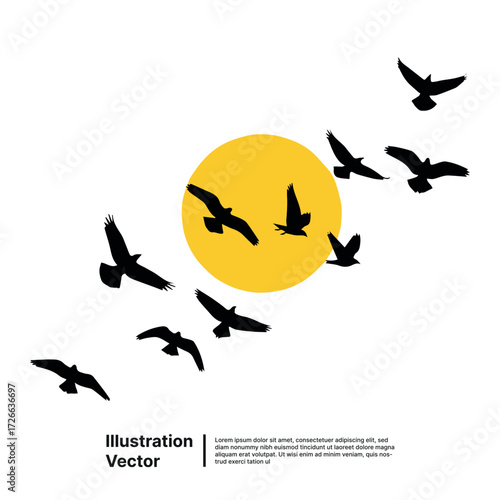 Flock of birds flying in front of the sun, symbolizing freedom and nature