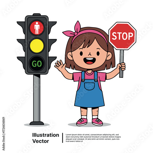 A cheerful cartoon girl holding a stop sign teaches children about pedestrian road safety