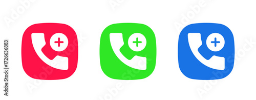 A set of three colorful icons (red, green, blue) featuring a phone with a plus (+) symbol, representing the Add Participant/Conference Call feature to join multiple users.
