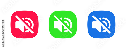 A set of three colorful icons (red, green, blue) showing a disabled speaker symbol, representing the Mute/Silent Mode feature to completely silence the device's audio.