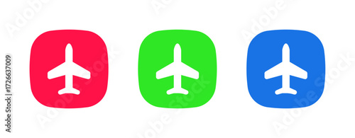 A set of three colorful icons (red, green, blue) featuring an airplane icon, representing the Airplane Mode or Flight Mode feature to disable all wireless transmissions.