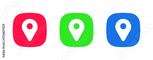 A set of three colorful icons (red, green, blue) featuring a location pin, representing the GPS/Location Services feature for navigation and geo-tagging data.