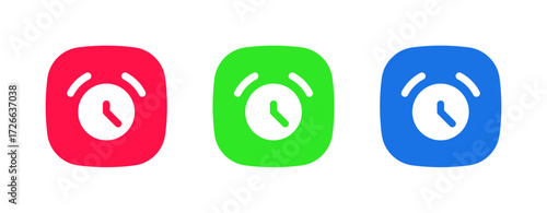 A set of three colorful icons (red, green, blue) featuring an alarm clock, representing the Alarm/Time Setting feature for scheduling reminders or wake-up calls.