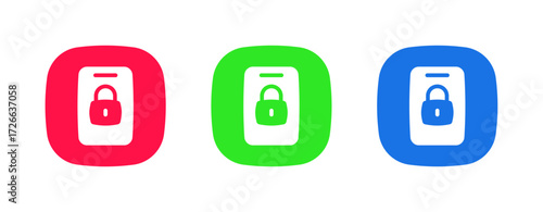 A set of three colorful icons (red, green, blue) featuring a smartphone with a lock symbol, representing the Screen Lock or Security feature to prevent unauthorized access.