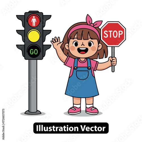 Little Girl with Stop Sign and Traffic Light Safety Education for Kids