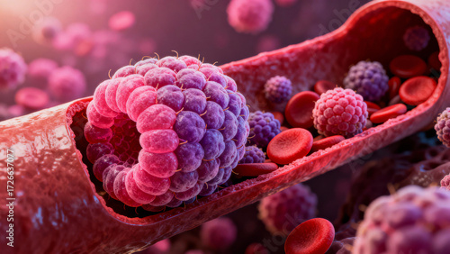 Genetic screening for cancer visualized with cells and blood in medical science concept