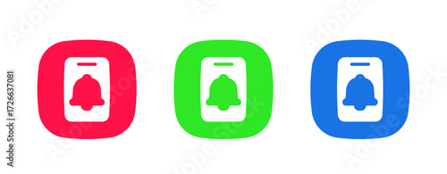 A set of three colorful icons (red, green, blue) featuring a smartphone with a bell symbol, representing the Notification/Ringtone feature to alert the user of incoming calls or messages.