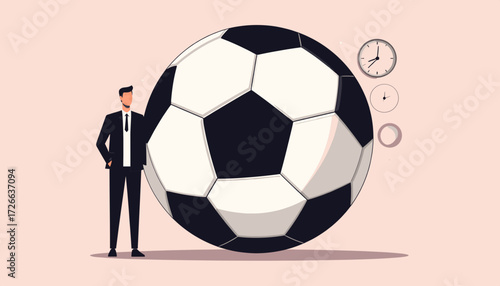 Cartoon businessman beside giant soccer ball and clock