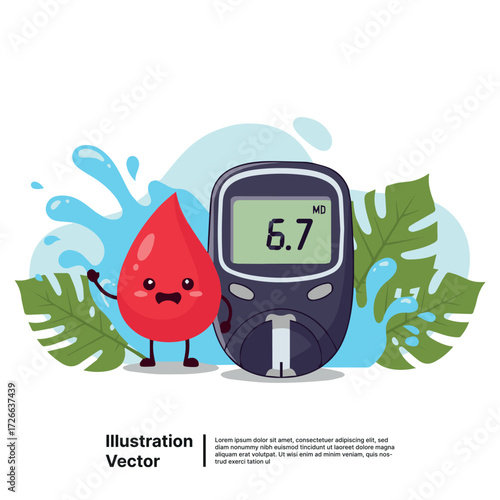 Anxious blood drop cartoon character with a digital glucometer for a diabetes health check