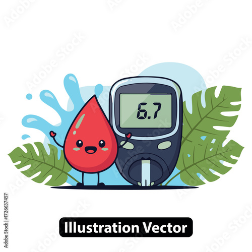 Diabetes Awareness Cute Blood Drop with Glucometer in Cartoon Vector Illustration
