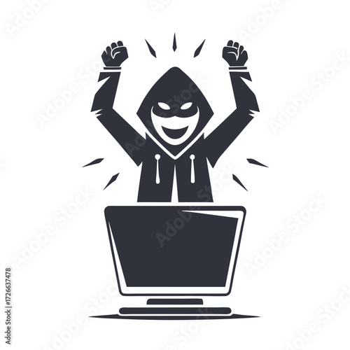 Hooded masked hacker raises his arms in celebration after succeeding with a computer