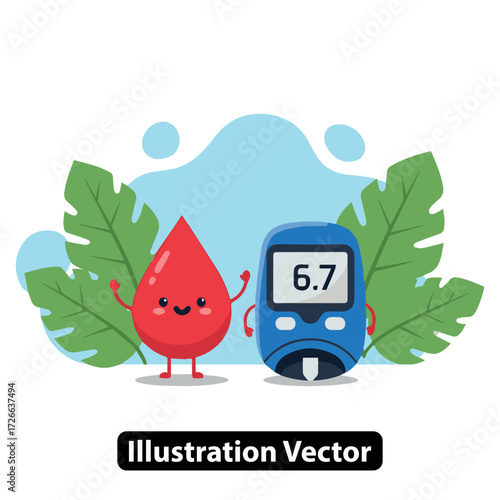 Blood Drop and Glucose Meter Cartoon Illustration for Diabetes Awareness and Health Monitoring