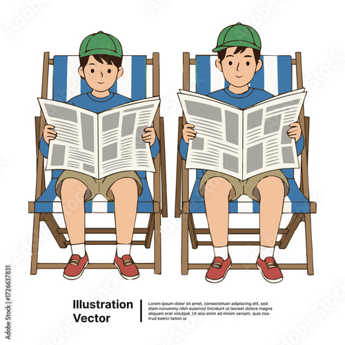 Man reading newspaper on deck chair at beach, leisure activity, relaxing lifestyle concept
