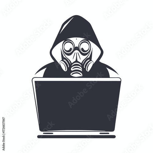 Hooded person wearing a gas mask works on a laptop in monochrome style